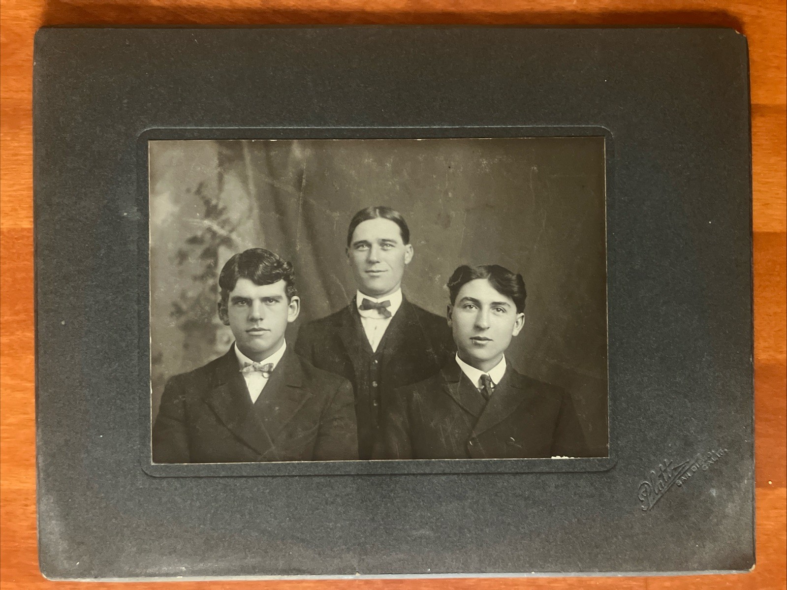 3 Handsome Men ID\'d Formal Fashion B&W Antique Photo On Board 7x9