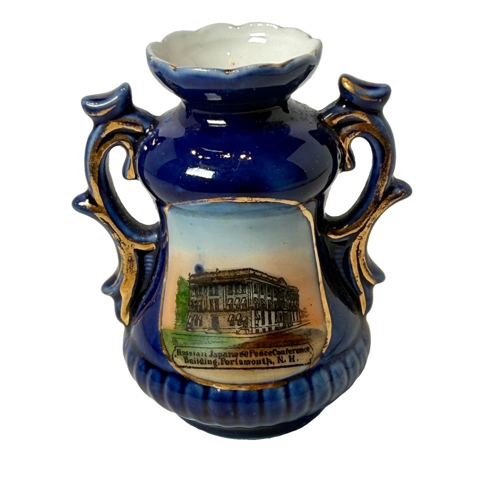 PORTSMOUTH NH NEW HAMPSHIRE ANTIQUE Souvenir RUSSIA JAPAN COBALT TRINKET VASE