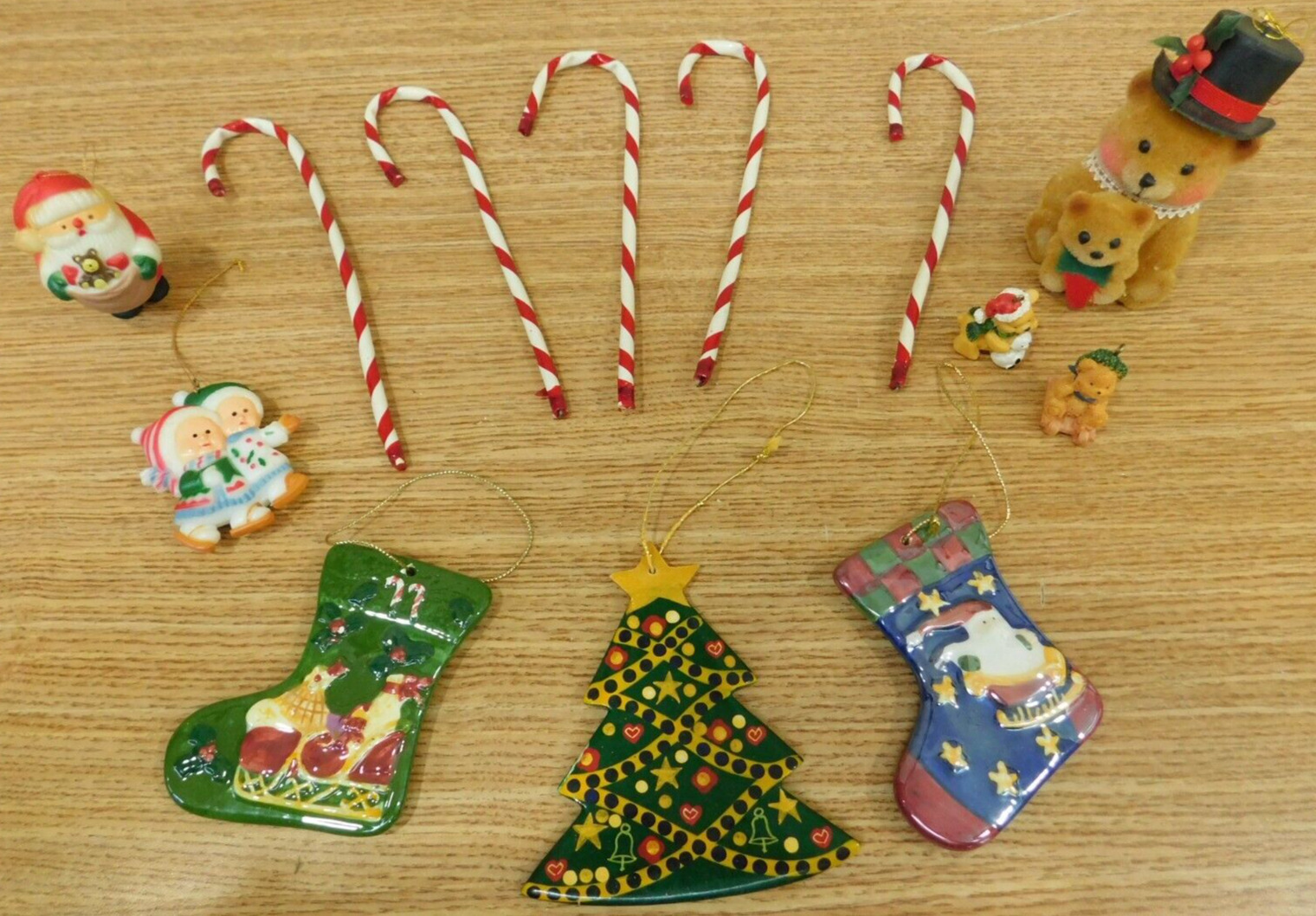 Vintage Lot Of 13 Christmas Ornaments Bear Candy Canes Santa Stocking Tree