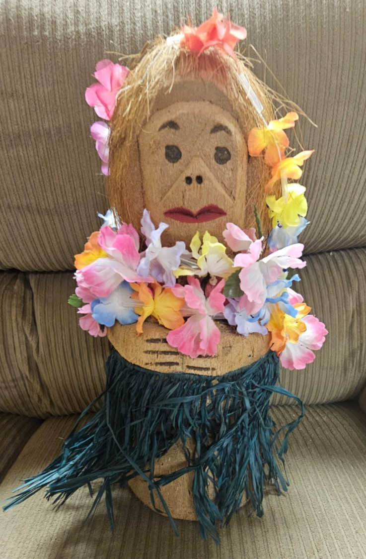 Hawaiian coconut monkey figurine with grass skirt and lei