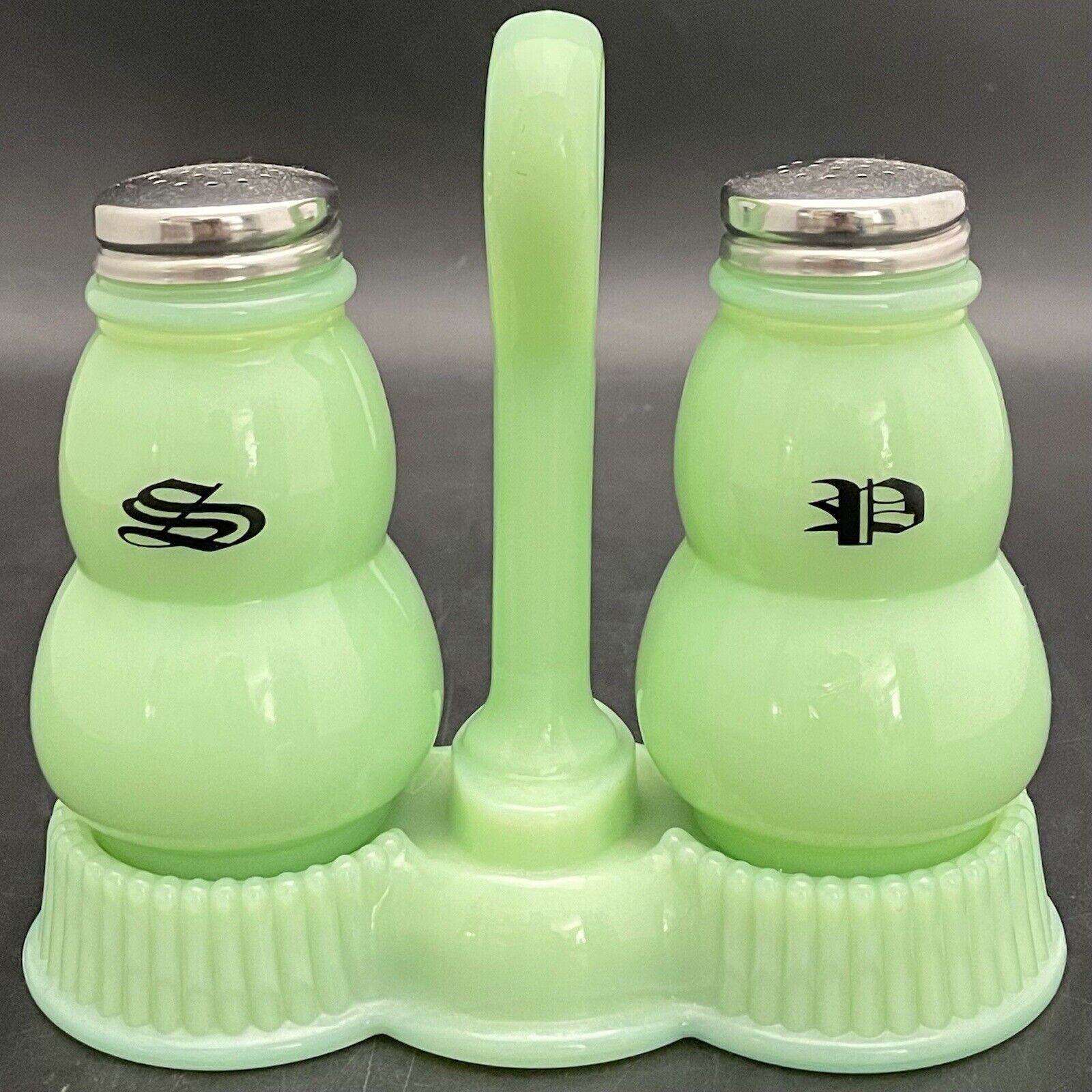 Mosser Glass Jadeite Salt Pepper Shaker Set on Cady c1970s Made in USA