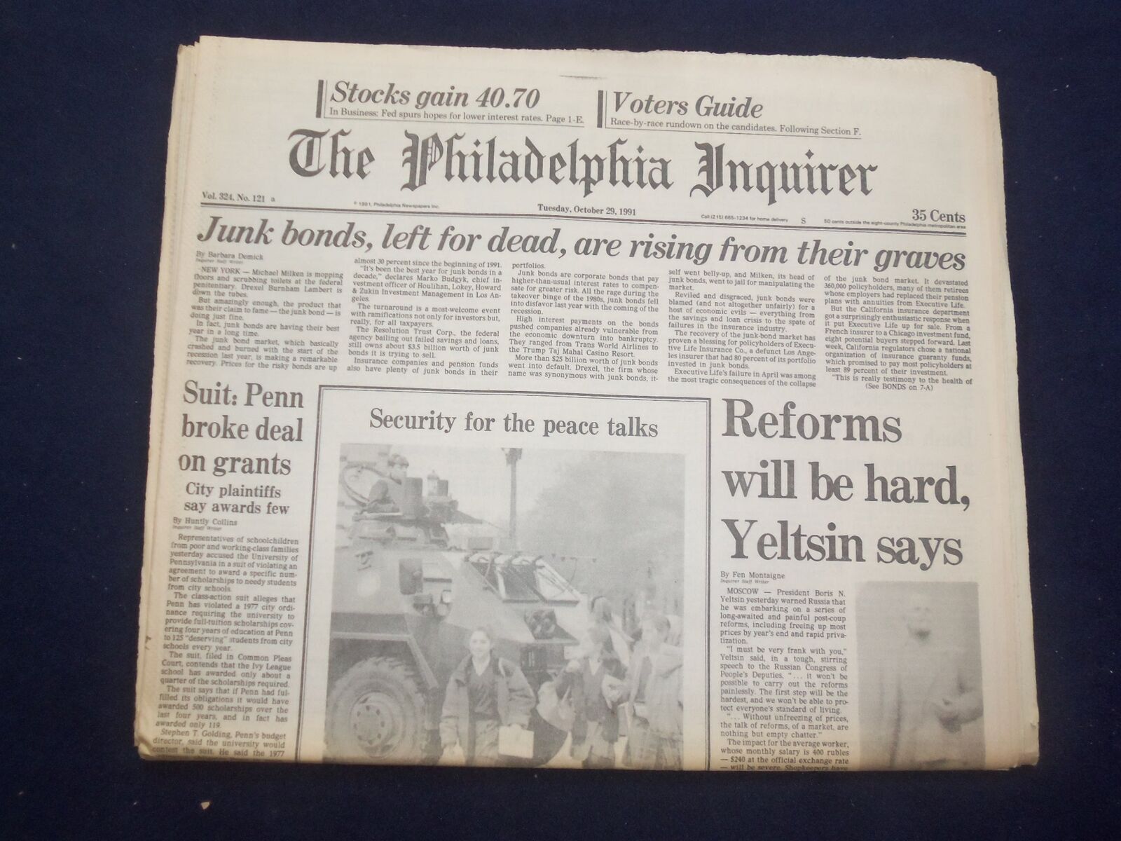 1991 OCTOBER 29 PHILADELPHIA INQUIRER -YELTSIN SAYS REFORM WILL BE HARD- NP 7147