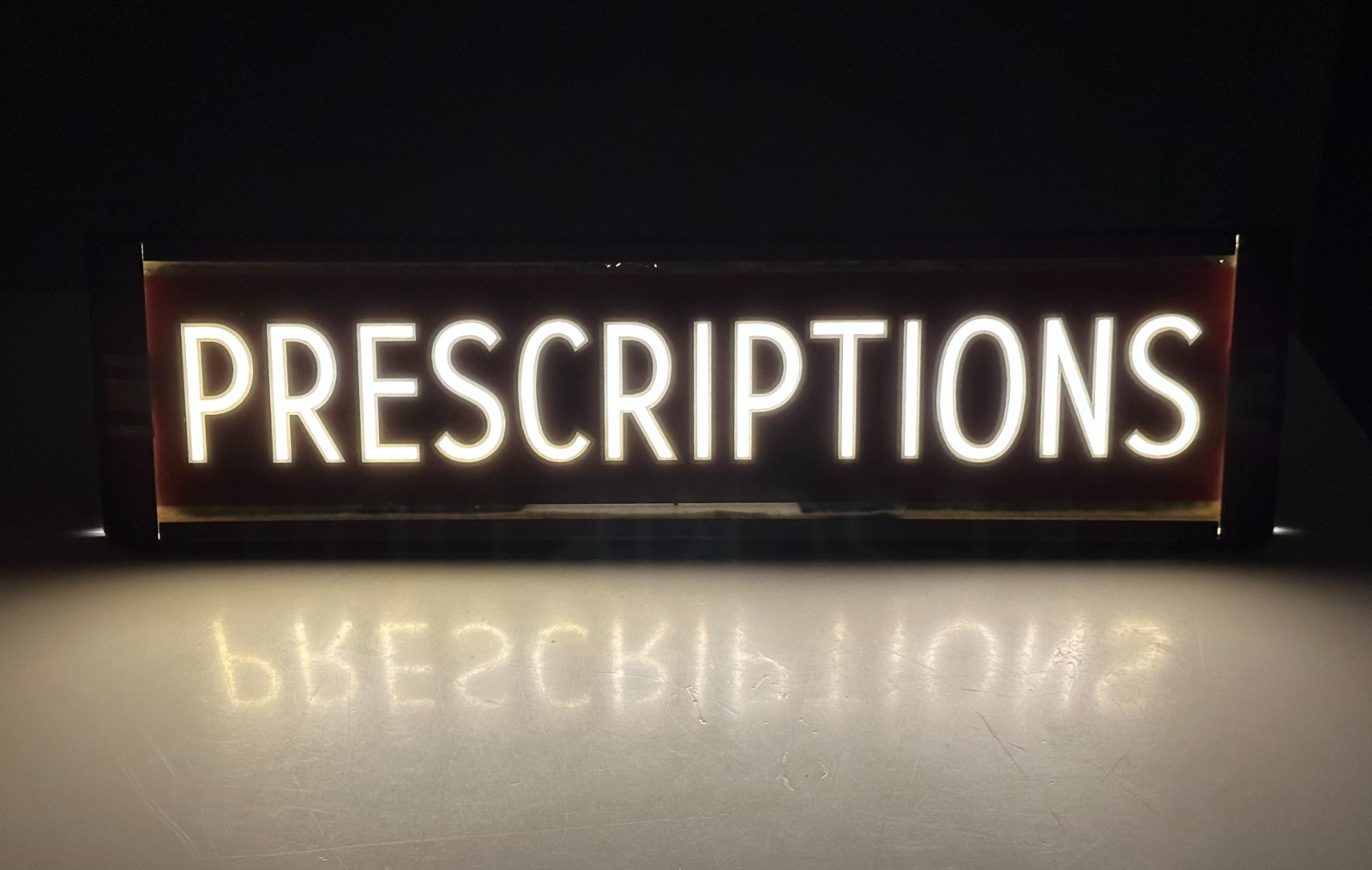 VTG 30s PRESCRIPTIONS Lighted Pharmacy Sign Reverse Glass Neon Products Lima OH