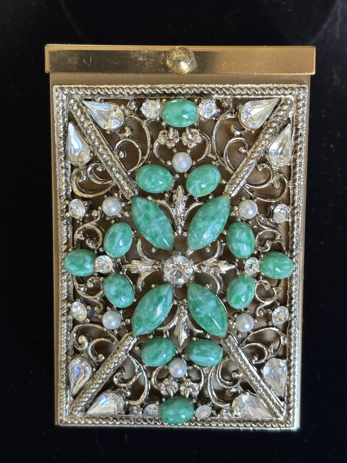 VINTAGE 1950S HEAVILY JEWELED BRASS CIGARETTE CASE