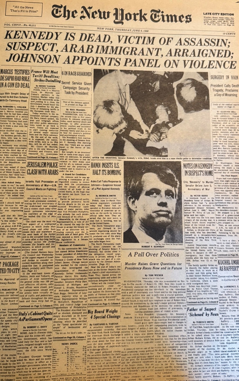 Vintage 1960s Assassination of RFK NEW YORK TIMES News Article Estate Sale Find