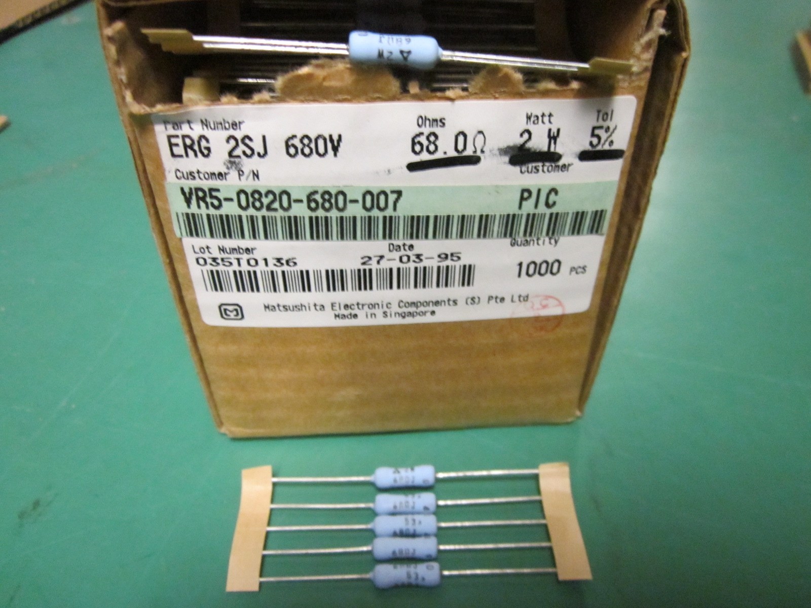 5 Pack Matsushita Metal Oxide Film 68 OHM 2 Watt 5% Resistors NOS ERG2SJ680V