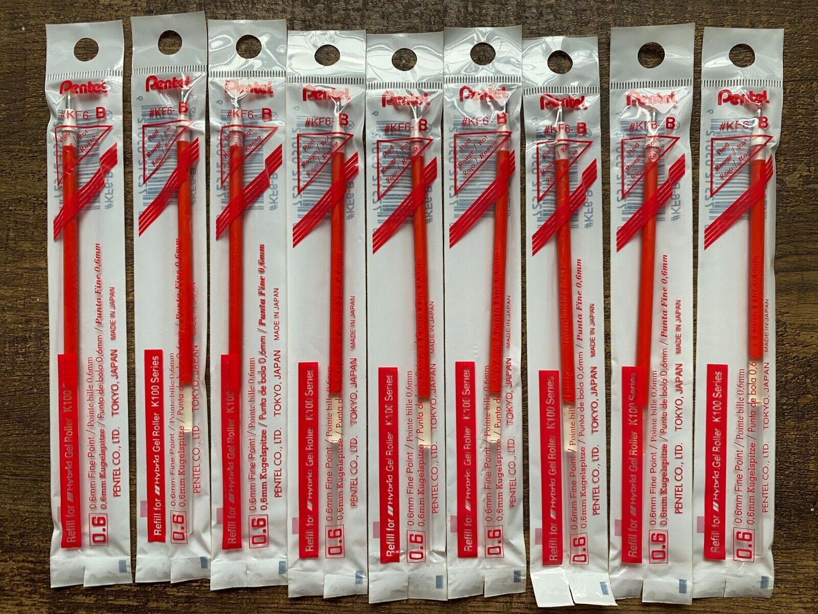 Lot of 9 Pentel Refill Ink Red .6mm #KF6-B - Hybrid  Gel Roller K100 - Japan
