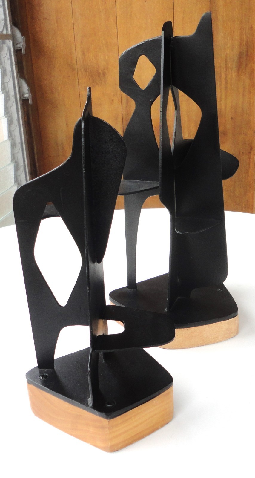2 Abstract Modern John-Paul Philippe Sculptures Black Metal Wood Base Signed