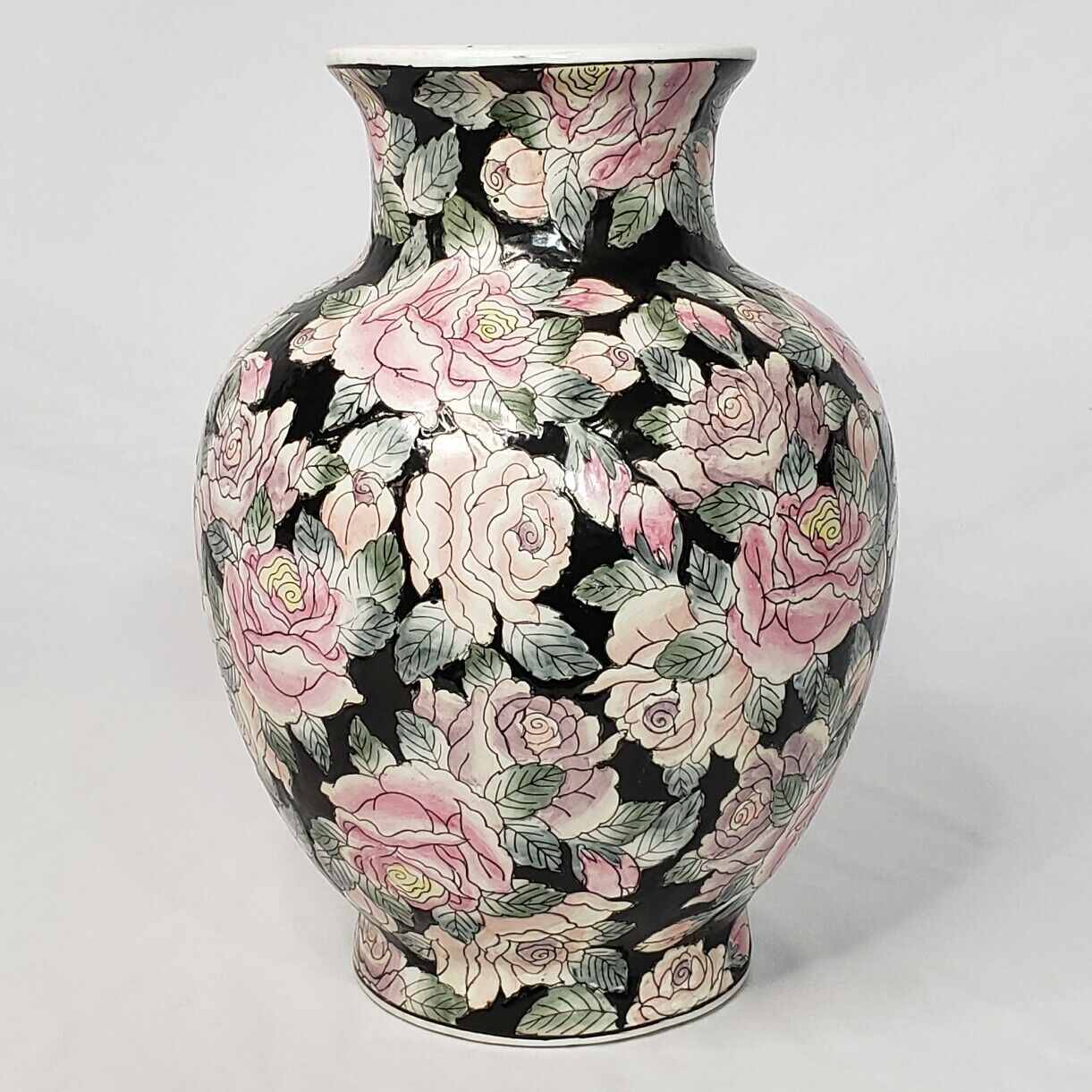 H.F.P. Macau Black Vase Blush Pink Mauve Floral Roses ~ Embossed 12”h
