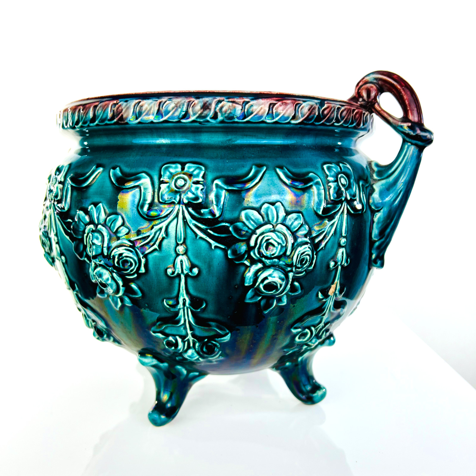 WELLER POTTERY Antique Jardinière Teal Burgundy Rose Garlands Early 20th Century