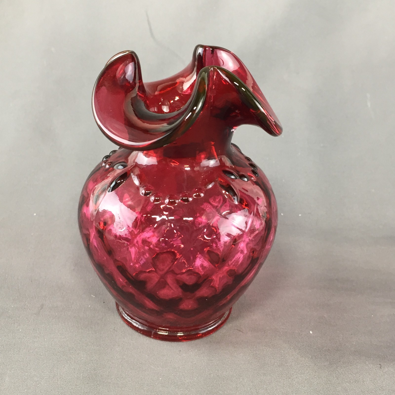 (1995) Fenton Cranberry Glass Ruffled Edge Basket Weave Signed Lynn Fenton Vase