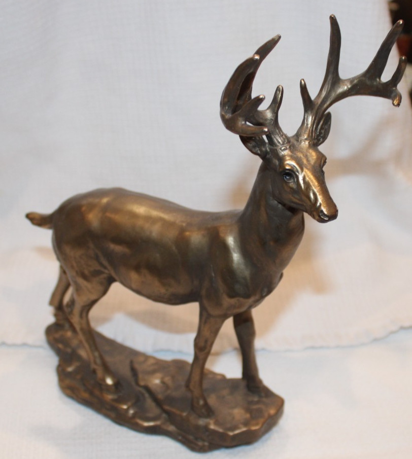 Rustic Resin Deer Figurine w/ Detailed 10-Point Rack w/ Gold Patina Finish