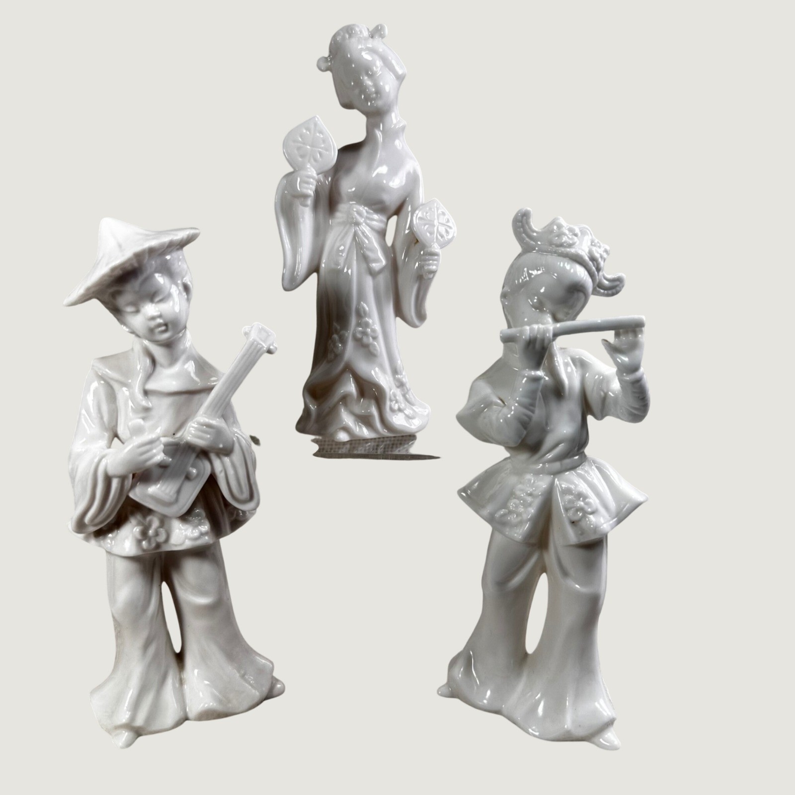 Vintage Japan White Porcelain Asian Musician Figurines Set 3 Geisha Flute Lute