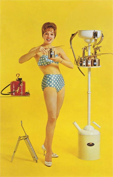 Woman in a bikini shows off an oil can Historic 1960s Large Old Photo