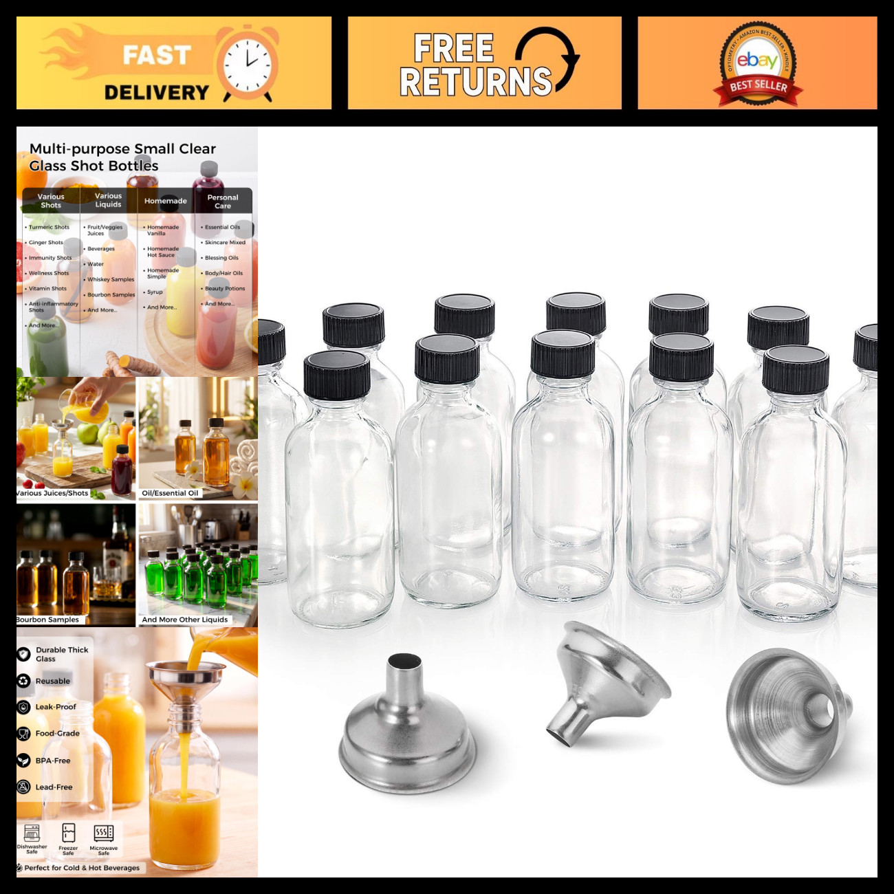 12 Pack 2 oz Clear Glass Shot Bottles with Caps - Mini Travel Containers 60ml