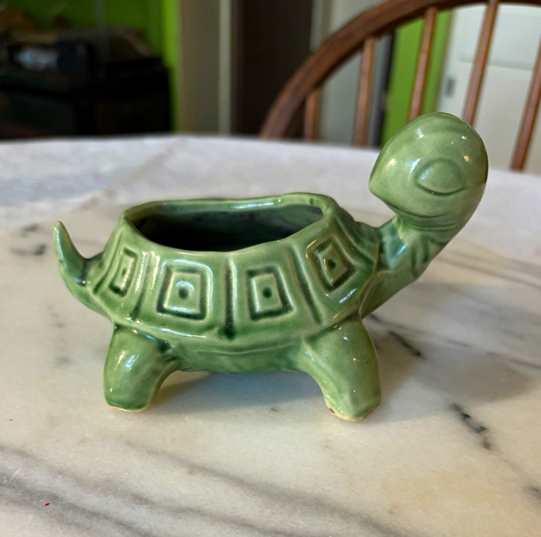 Vintage Green Glazed Ceramic Turtle Figurine Planter/Holder Decor