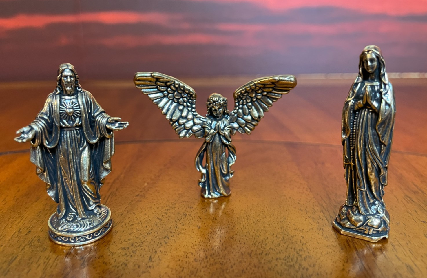Brass Catholic Statue Set Jesus, Virgin Mary  &  Angel  (2 inch tall) US SELLER