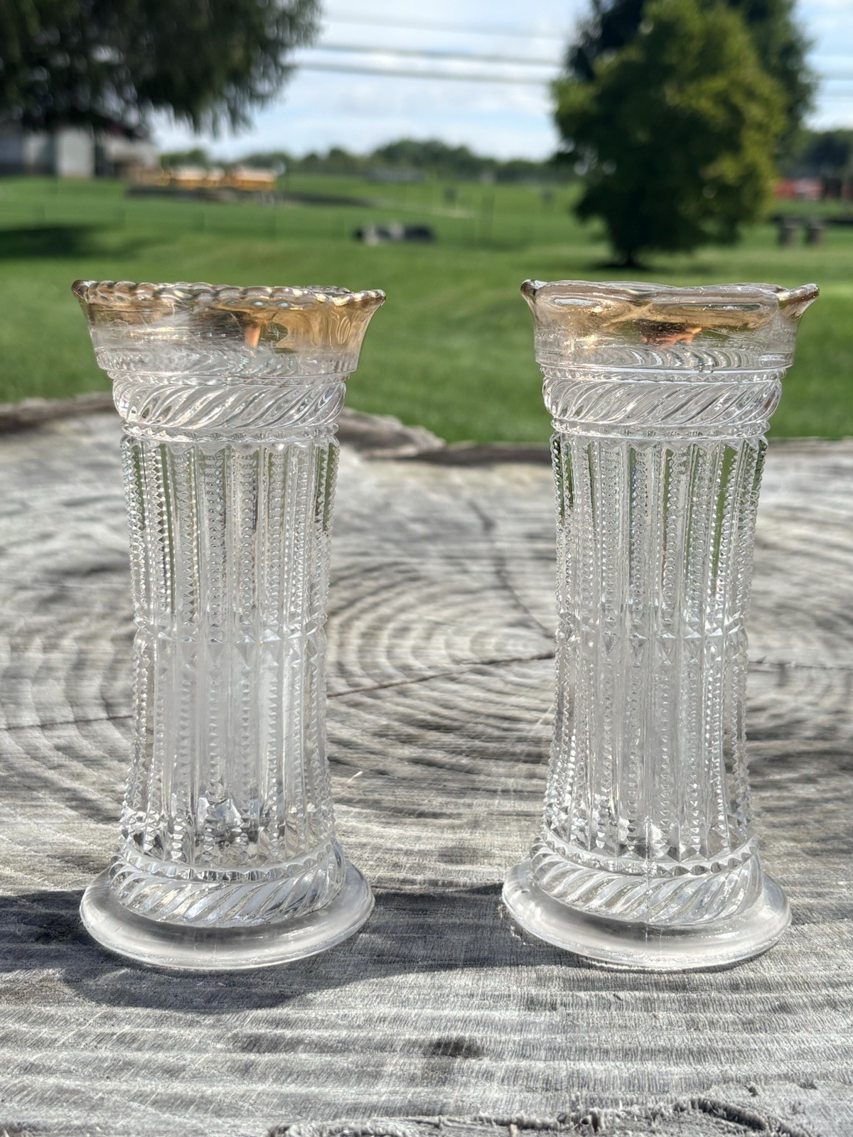 2 - Early American Pressed Glass (EAPG) Vases, Strigil Pattern, Scalloped Edges