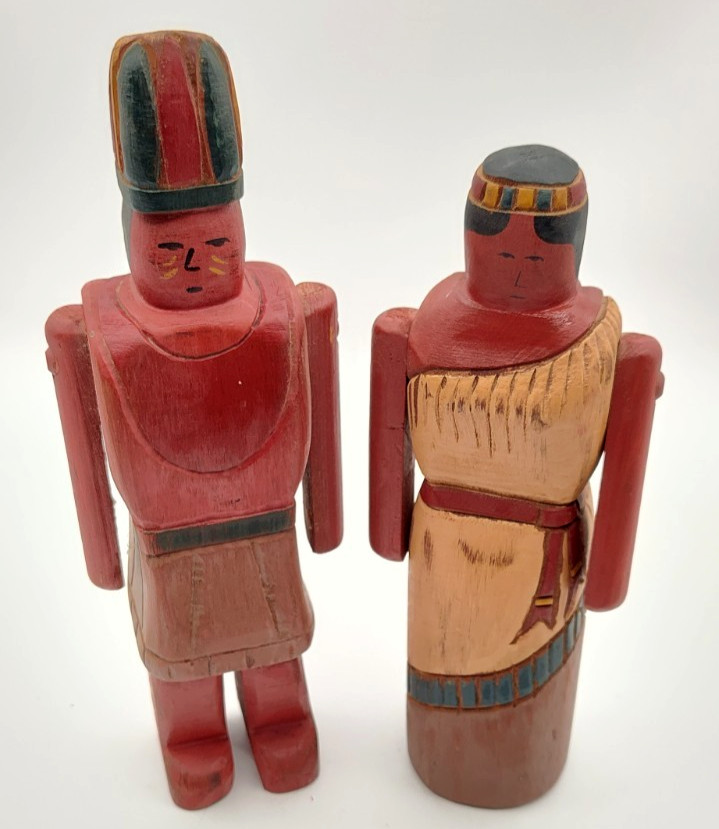 Vtg Wolf Creek Signed Native American Indian Folk Art Wood Lot of 2 Figurine Set