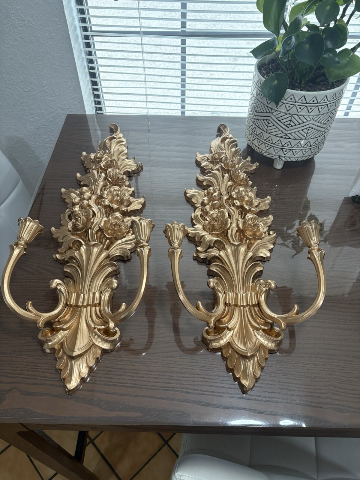VTG Pair 27” Syroco Gold Floral Two Arm Wall Sconce Candle Holders  #4133 READ