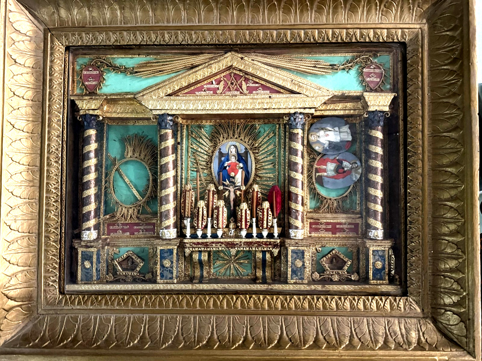 ANTIQUE 19th CENTURY SHADOW-BOX RELIQUARY W/20 1st CLASS HAIR RELICS VIRGIN MARY