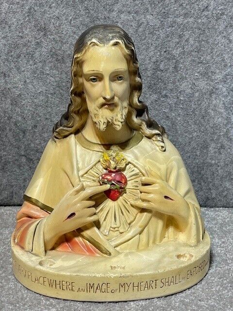 Sacred Heart of Jesus Plaster Chalkware Torso Bust Statue Altar