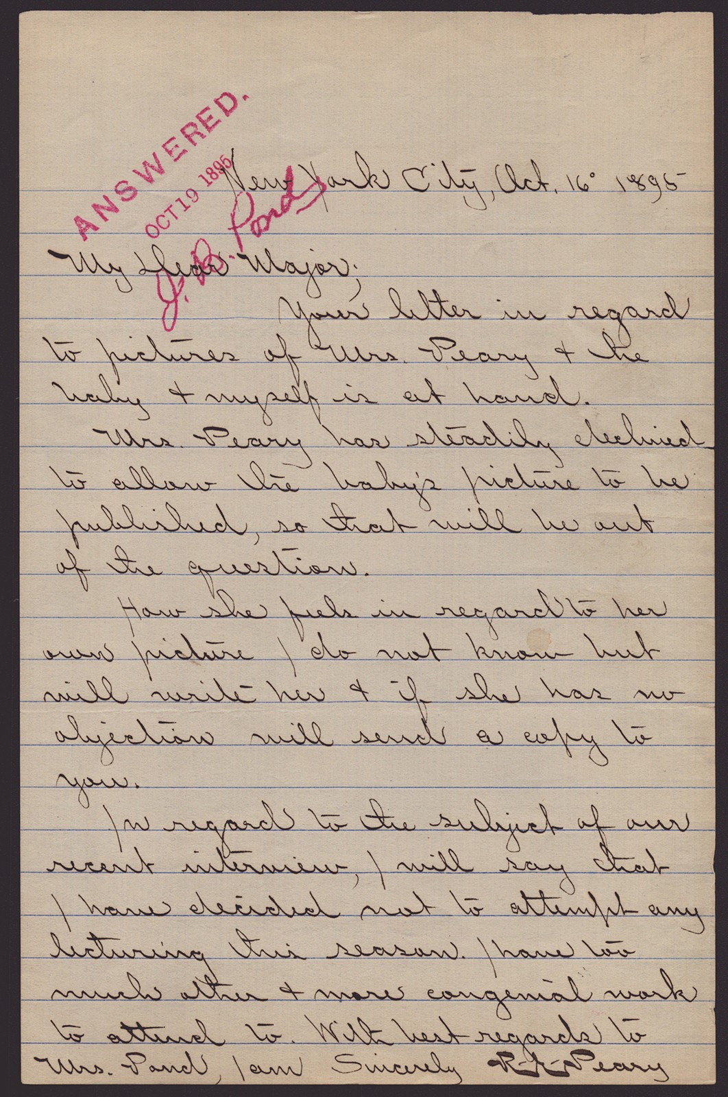 ROBERT E. PEARY - AUTOGRAPH LETTER SIGNED 10/16/1895