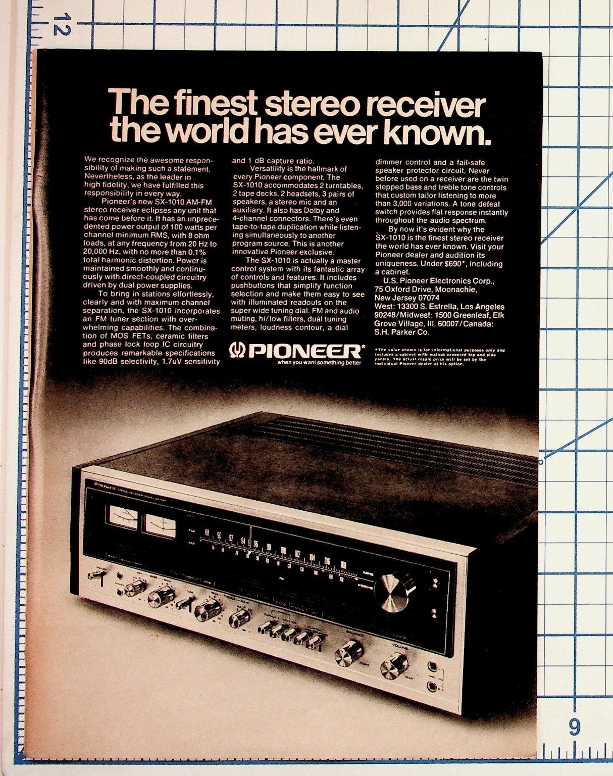 Pioneer SX-1010 Stereo Receiver Vintage Magazine Ad 1970s Hi-Fi Audio Ephemera