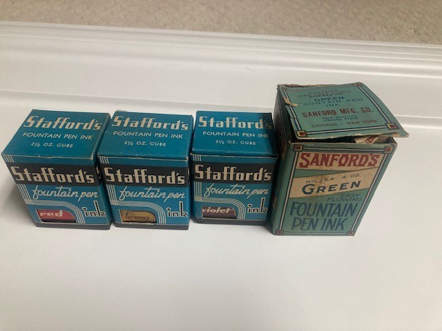 Vintage Fountain Pen Ink Bottle Lot - Stafford's & Sanford's (4 red/brown/viole)