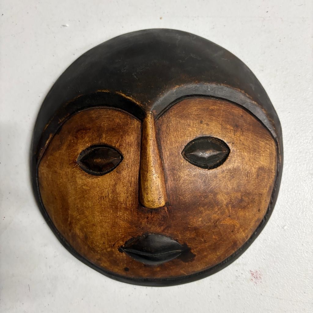 Vintage African Hand Carved Wooden Moon Mask Round Folk Art Wall Hanging