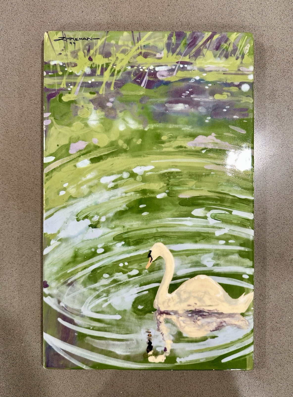 Vintage 1994 Larry Zimpleman Signed Ceramic Swan Wall Plaque Art Pottery 15”