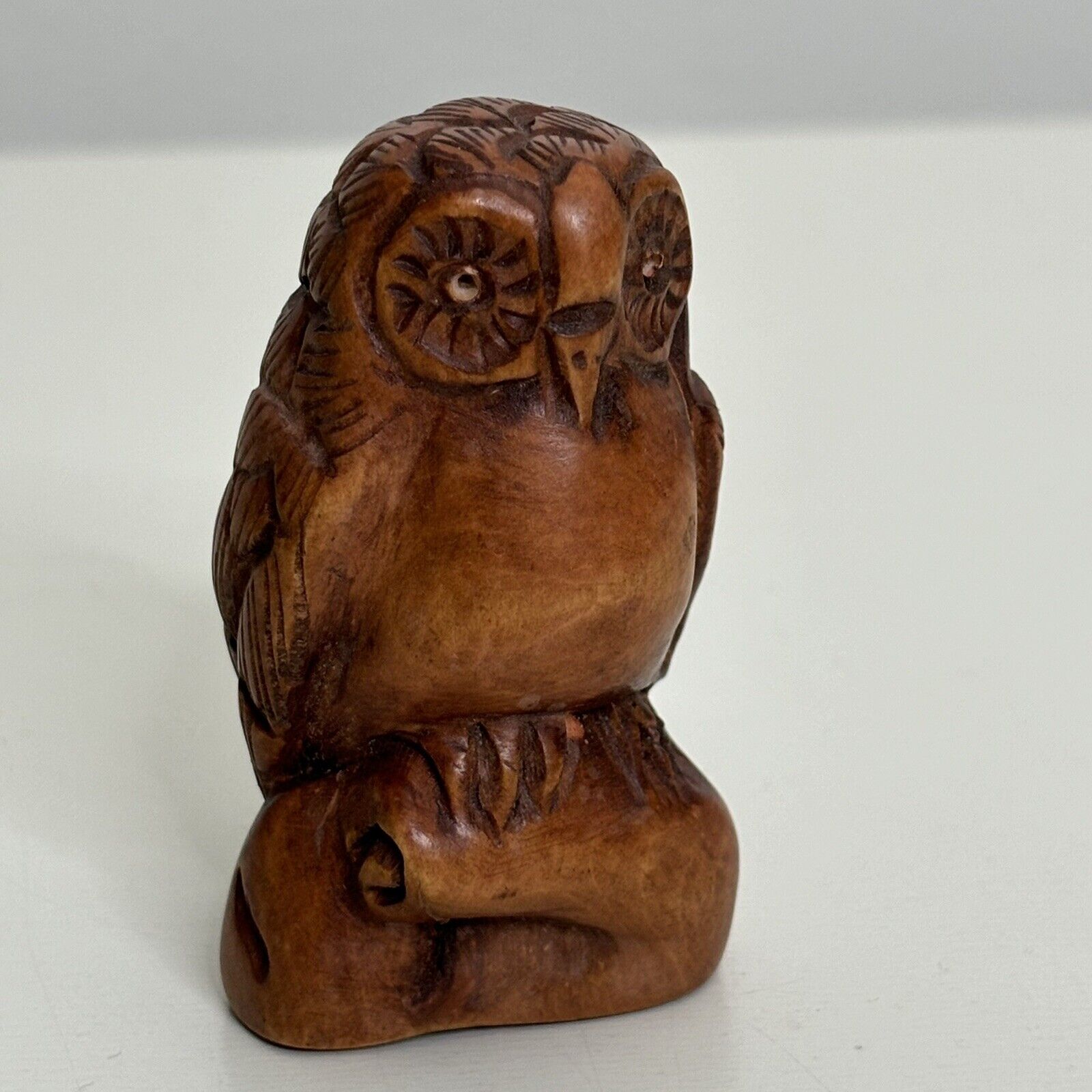 Vintage Hand Carved Small Wooden Wise Owl MCM Statue Figurine Folk Art