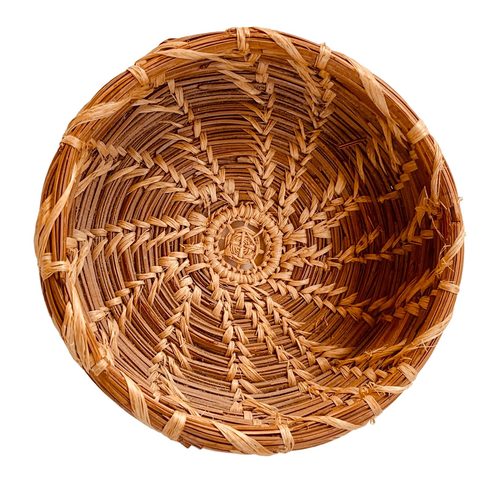 Tohono O’odham Basket Pine Needle Raffia Swirl Wheat Design Small 4” Handmade
