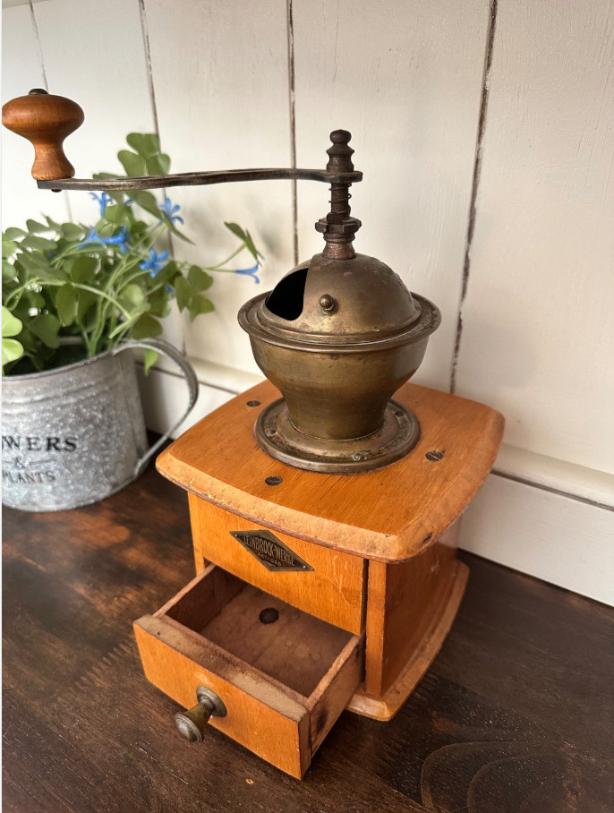 Antique Leinbrock's Ideal Coffee Grinder DRGM German Brass Wood Mill c1905-1925