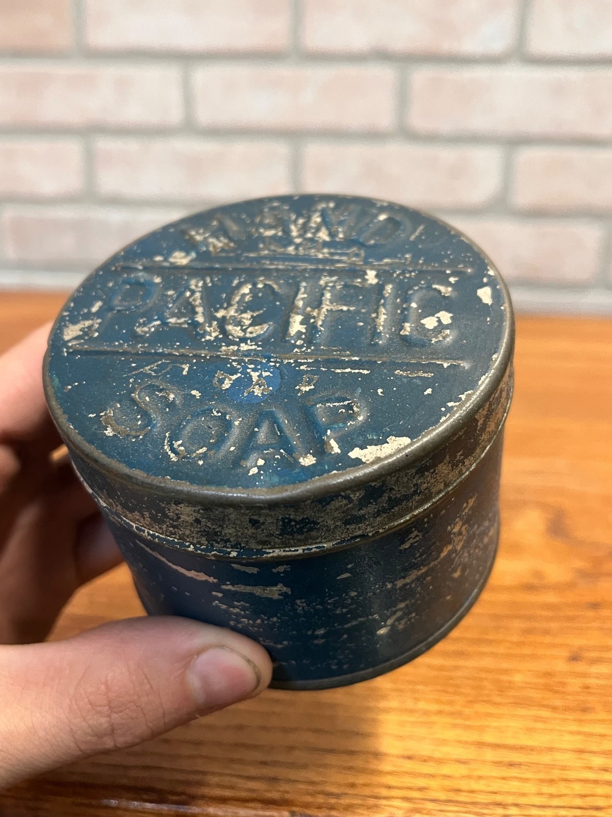 Antique Primitive Pacific Hand Soap 1890s Embossed Lid Blue Paint Original Farmh