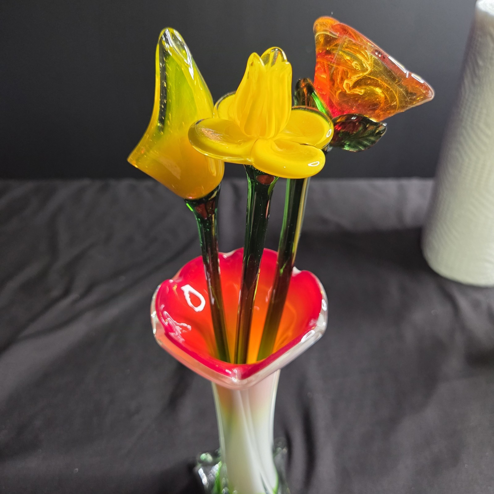Vintage Hand Blown Glass Flowers And Vase