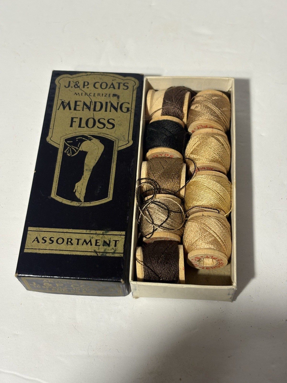 Antique J & P Coats Mending Floss Miniature Sewing Wooden Thread Spools W/ Box