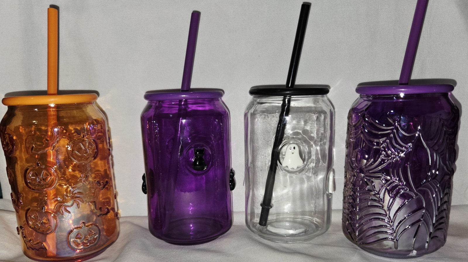 4pc Dollar Tree Halloween Glass Cup Lot: Ghosts, Cats, Orange & Purple Spiderweb
