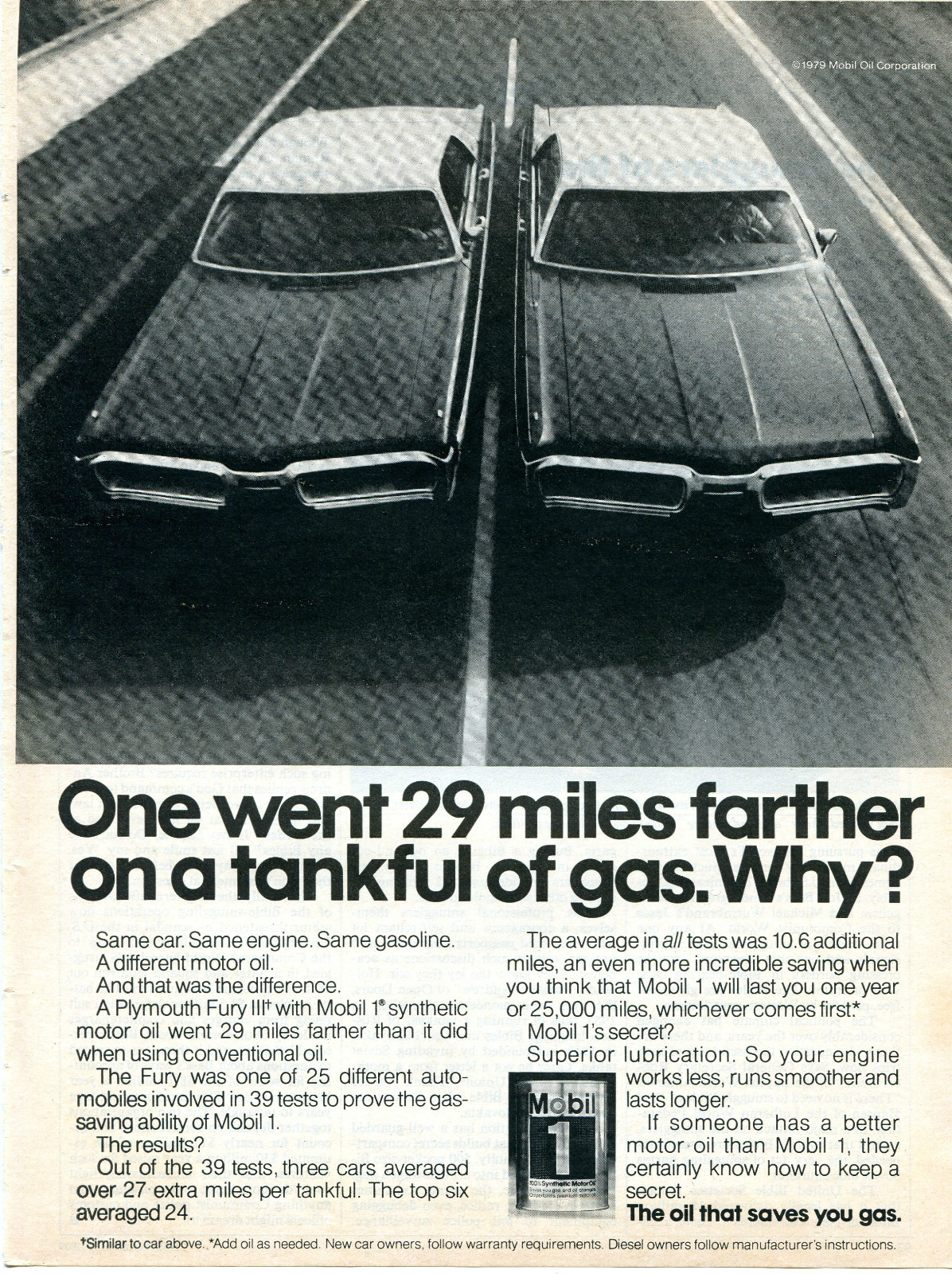 1979 Print Ad of Mobil 1 Oil That Saves You Gas Plymouth Fury III 1979 Print Ad of Mobil 1 Oil That Saves You Gas Plymouth Fury III