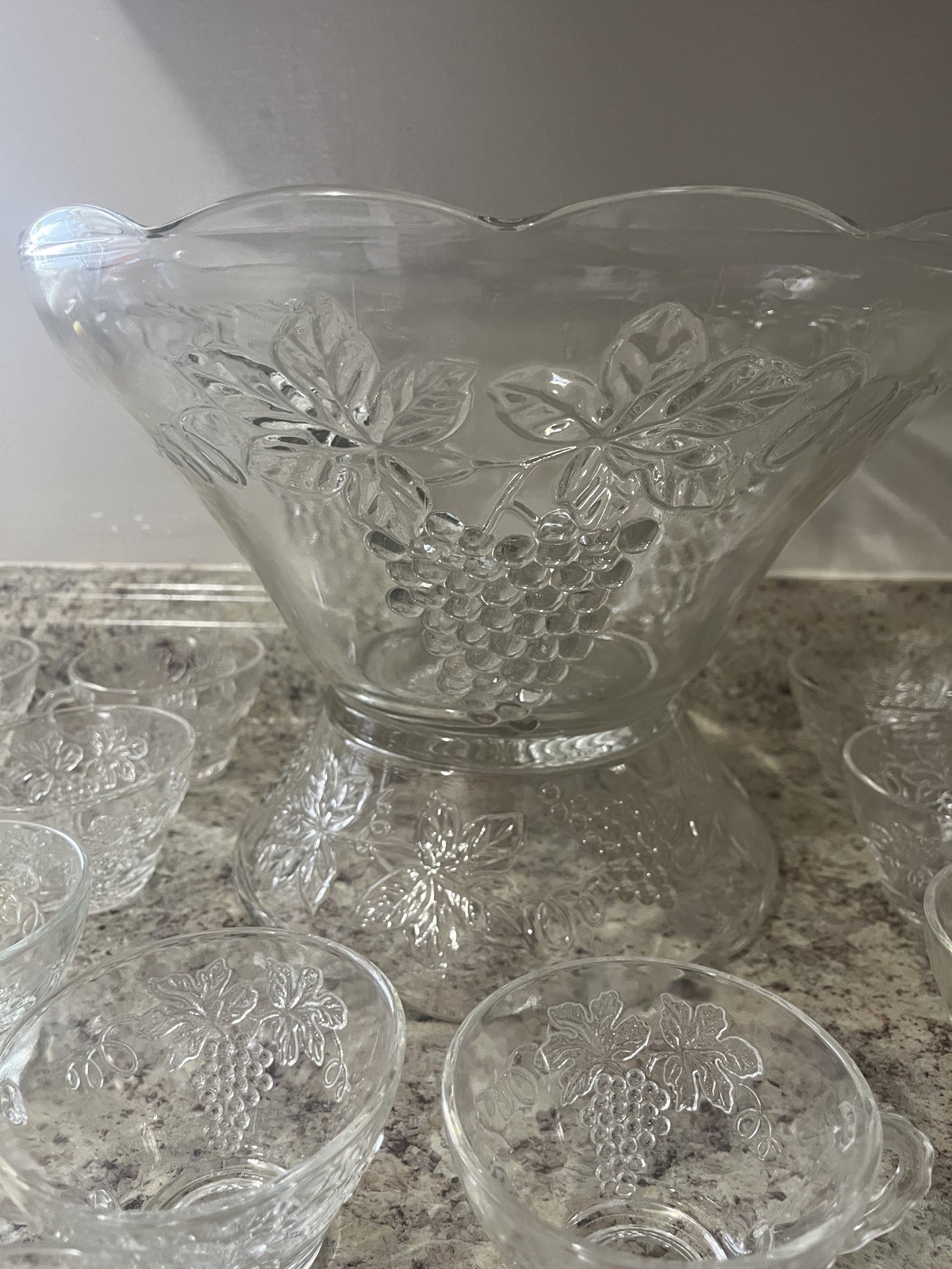 Vintage Mid Century Modern Glass Punch Bowl Grape Vine Stand Cups Set Party Gift
