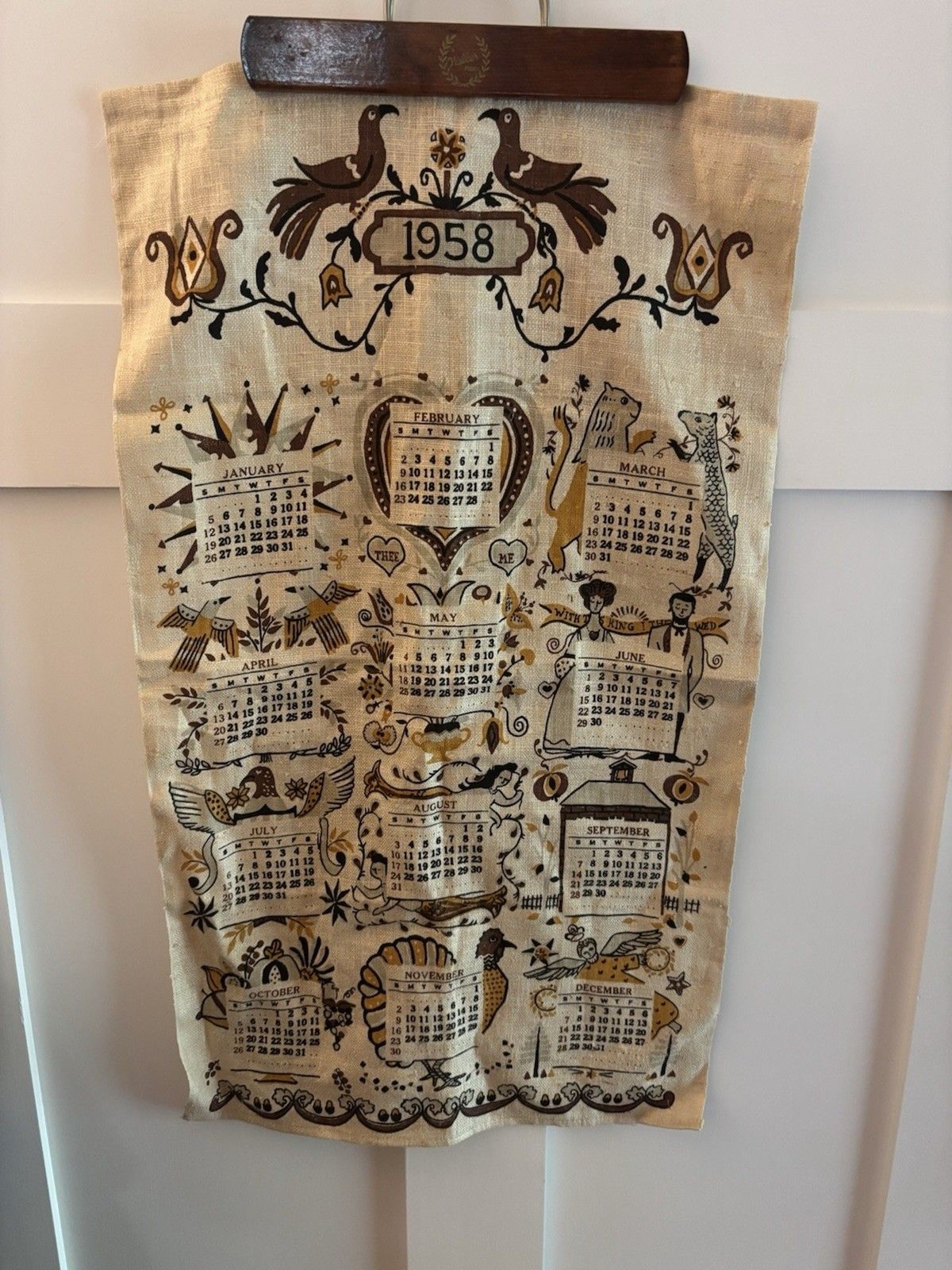 Vintage 1958 Stevens Linen Calendar Towel Pure Linen Folk Art