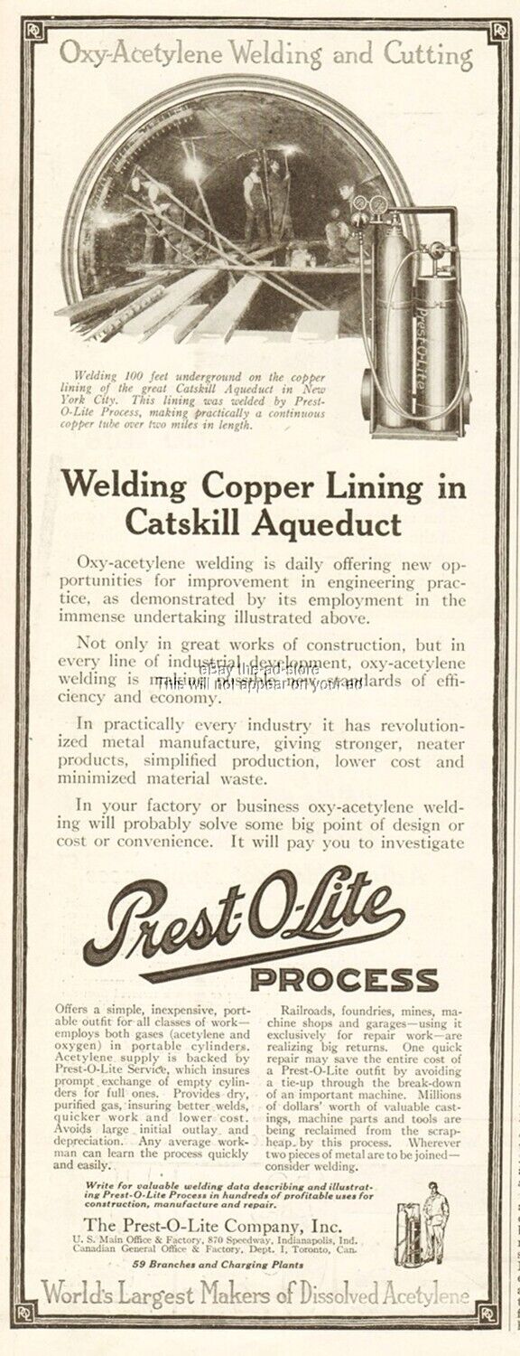 1917 Prest-O-Lite Indianapolis IN Ad Catskill Aqueduct NYC NY Acetylene Welding