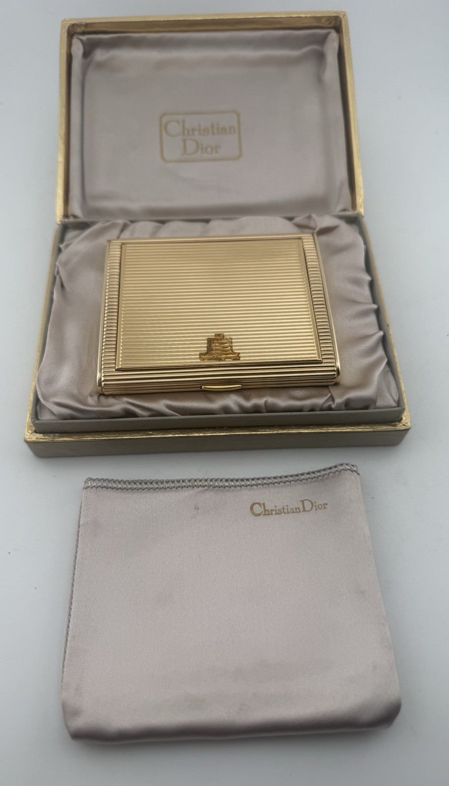 Vintage Christian Dior Ribbed GOLD-TONE Square Powder Compact Mirror. New