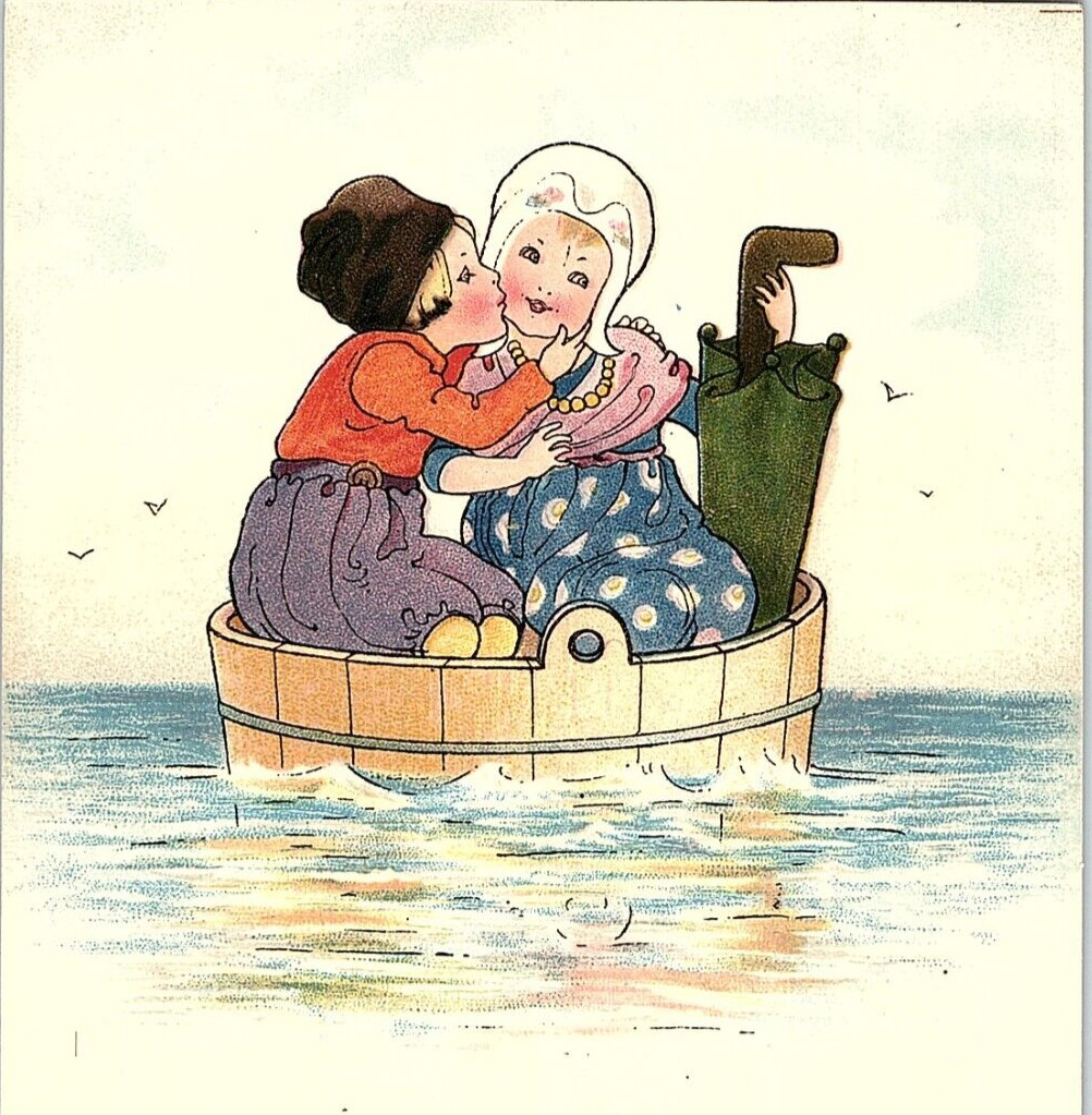Dutch Girl & Boy in Barrel on Ocean Kissing Florence Hardy Unsigned Postcard F1