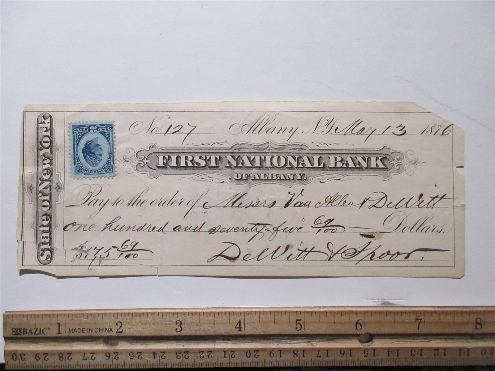 1876 First National Bank of Albany check with US Inter. Rev. 2C Stamp