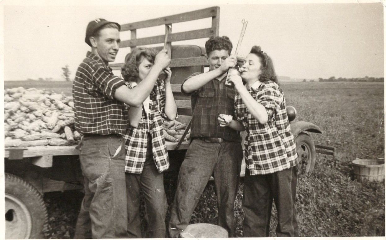 Men & Women Shotguning Beer After Hard Farm Work Photo Snapshot Vtg Funny Odd