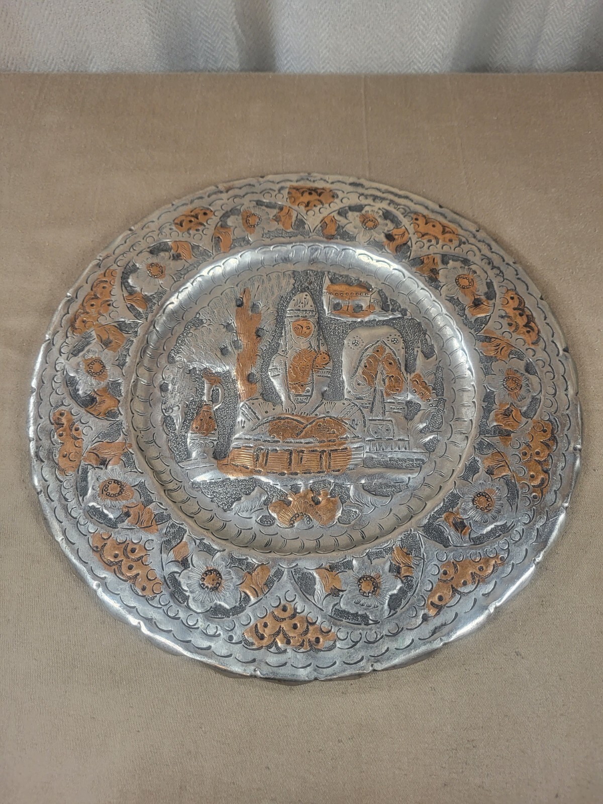 Vintage Hammered Copper & Silver Tone Hanging Wall Display Plate