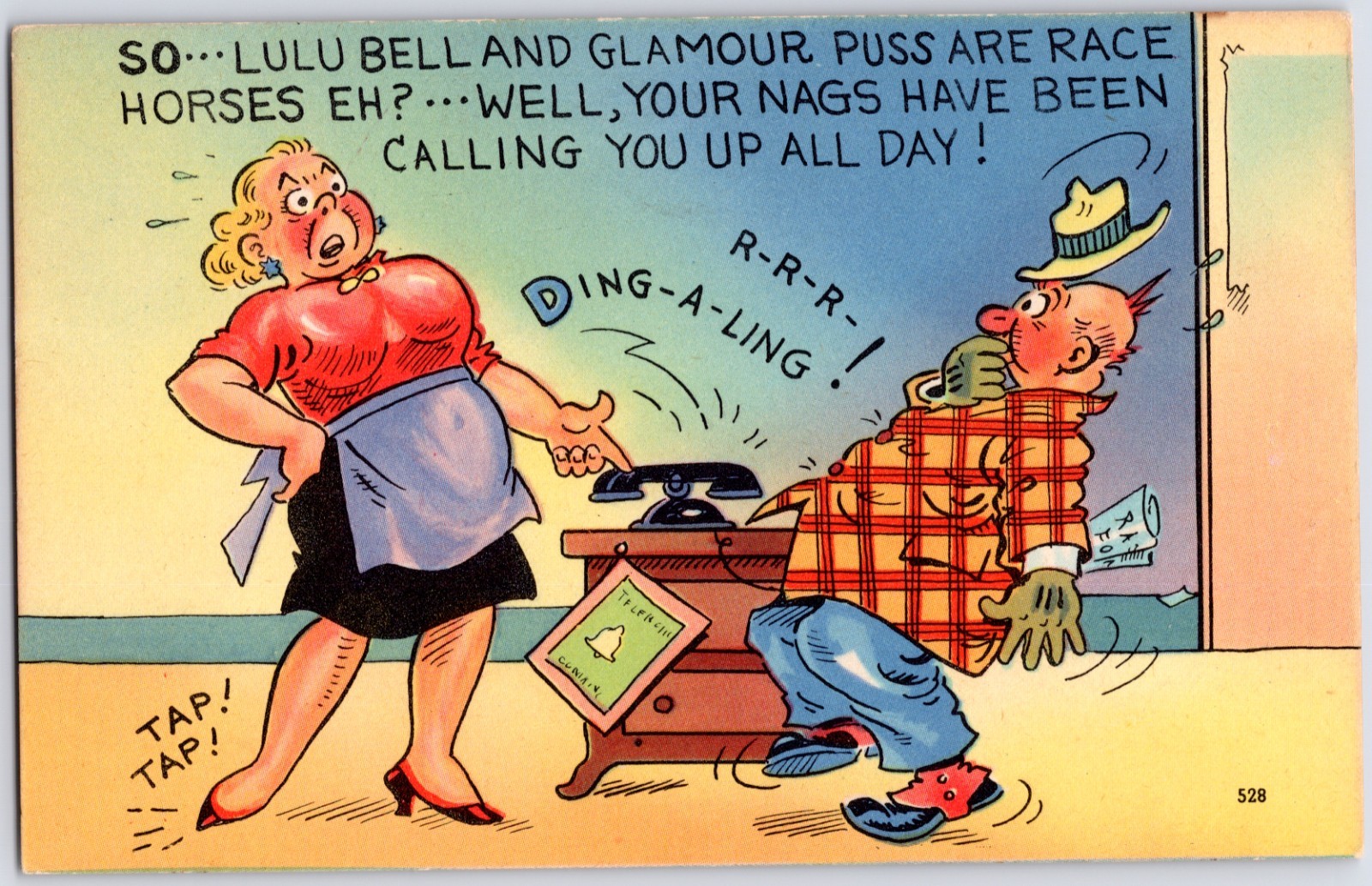VINTAGE LULU BELL GLAMOUR PUSS RACE HORSES TELEPHONE COMIC POSTCARD PJ