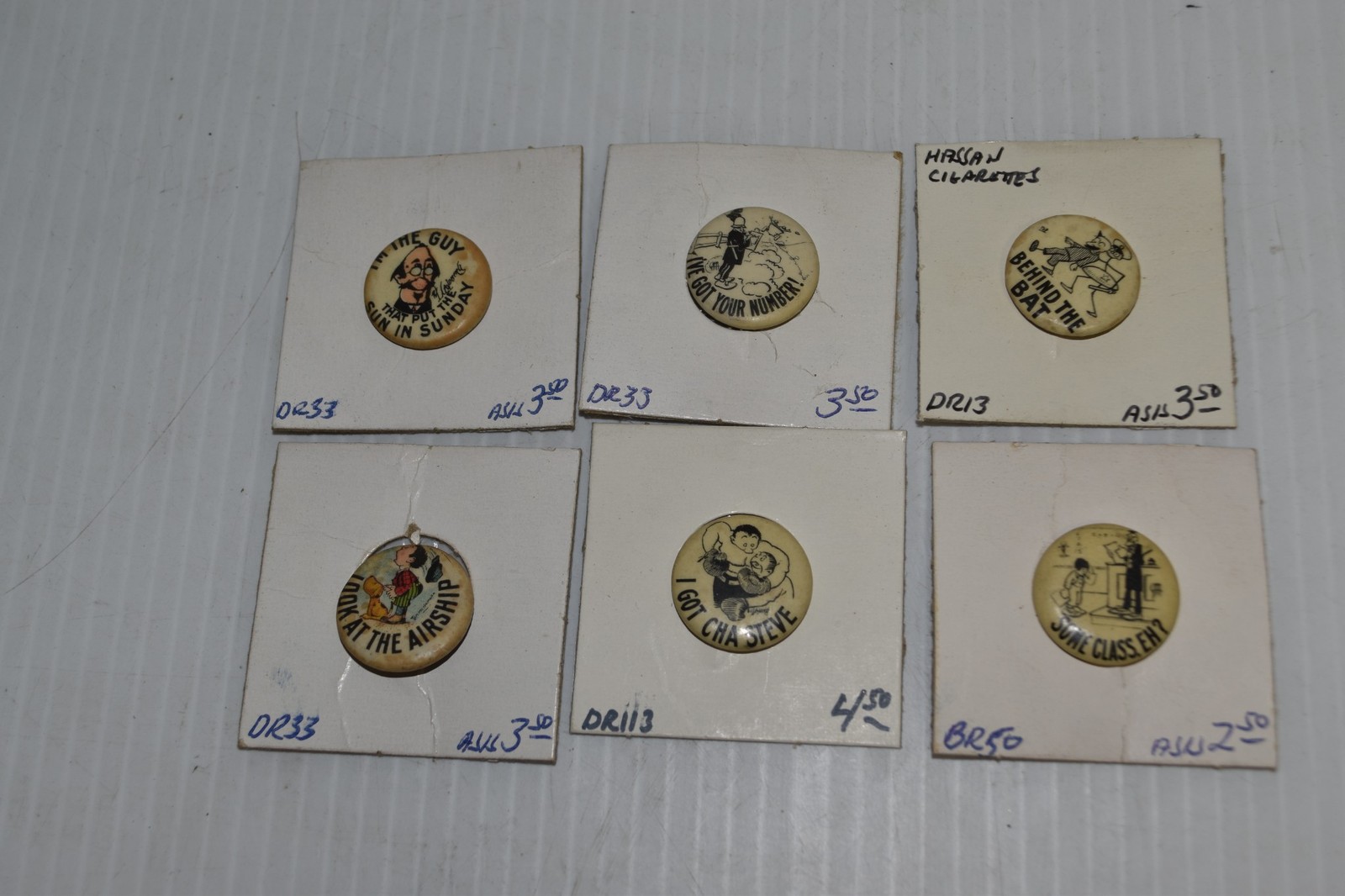 HASSAN CIGARETTES BEHIND THE BAT & OTHERS PINBACK BUTTONS - LOT OF 6 (PB#449)