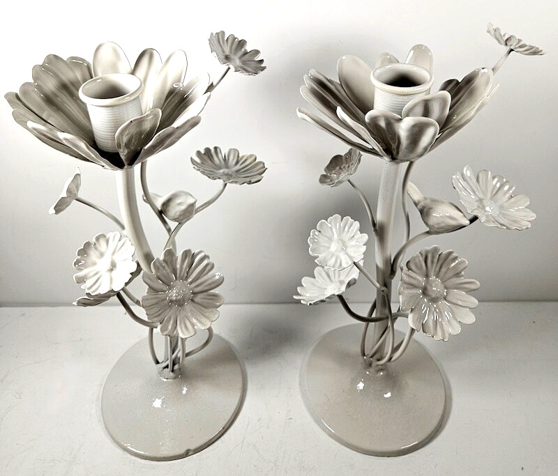 Hazel Mazel White Metal Flower & Bird Taper Candle Holders Pair